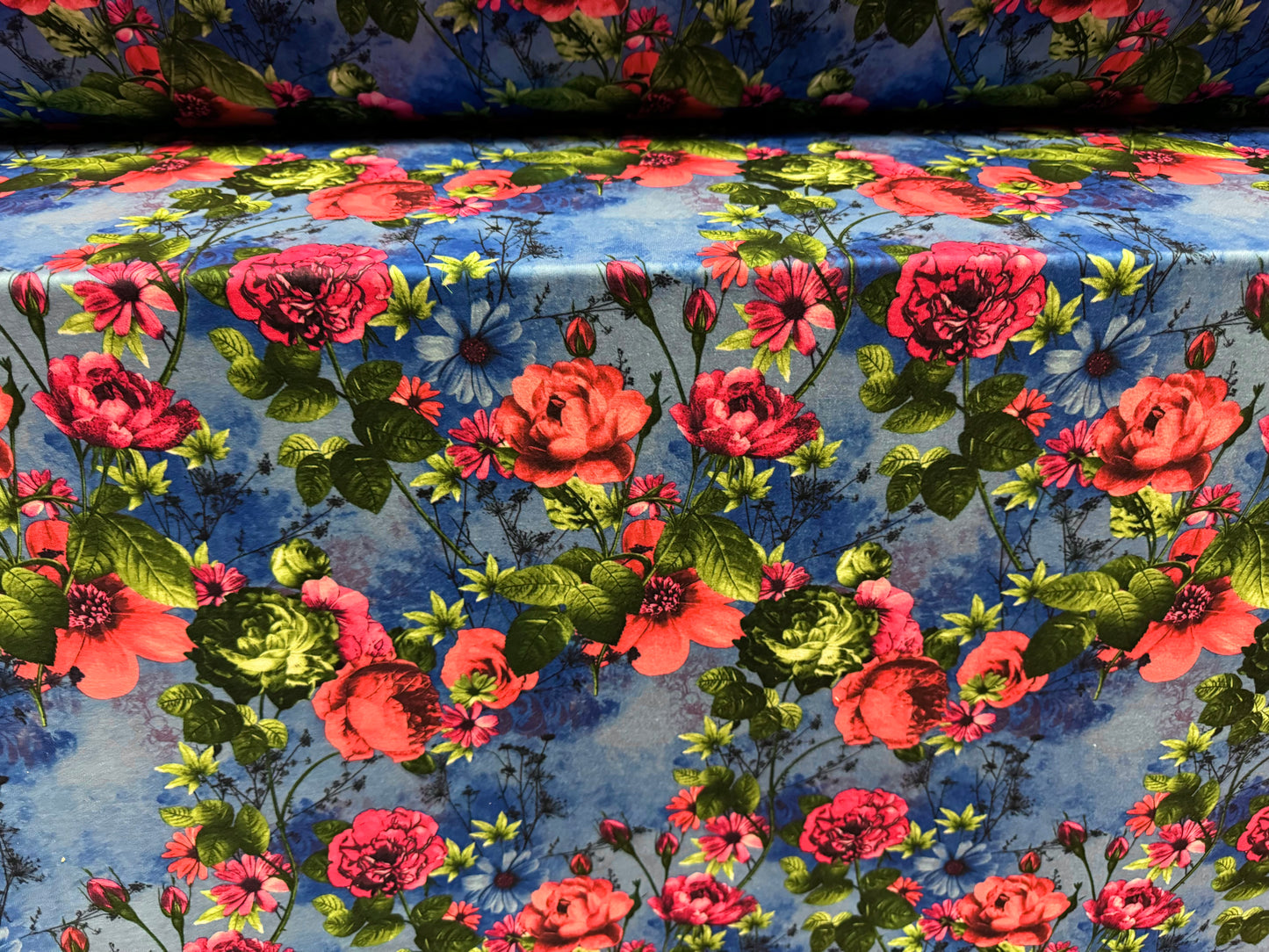 Stretch spandex interlock jersey fabric, per metre - rose floral print - blue & pink