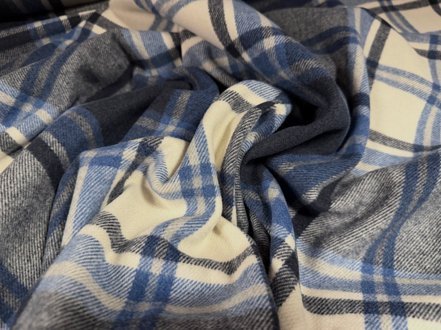 Heavyweight wool flannel fabric, per metre - plaid check - denim blue
