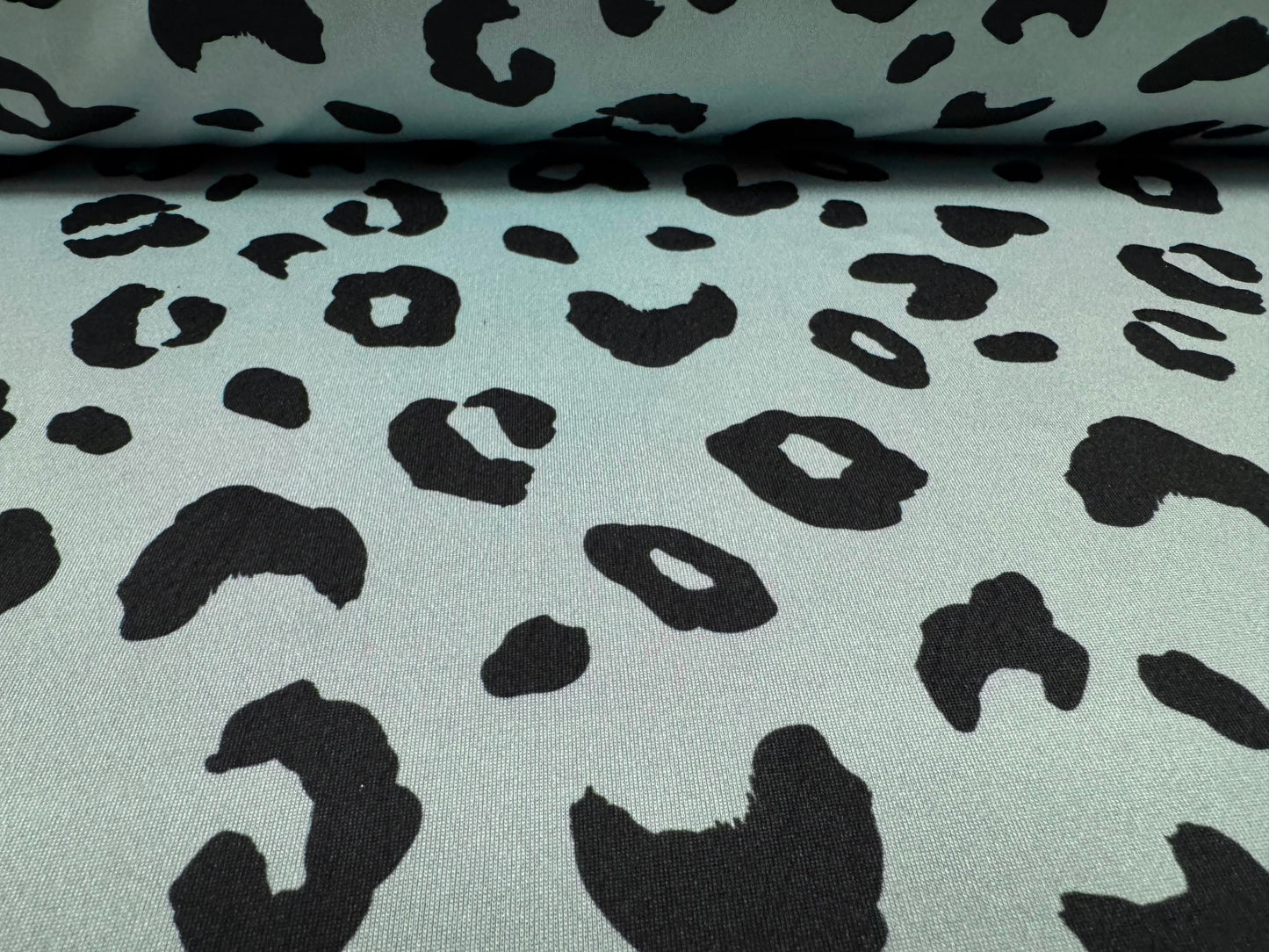 Stretch spandex single jersey fabric, per metre - cheetah animal print - duck egg blue