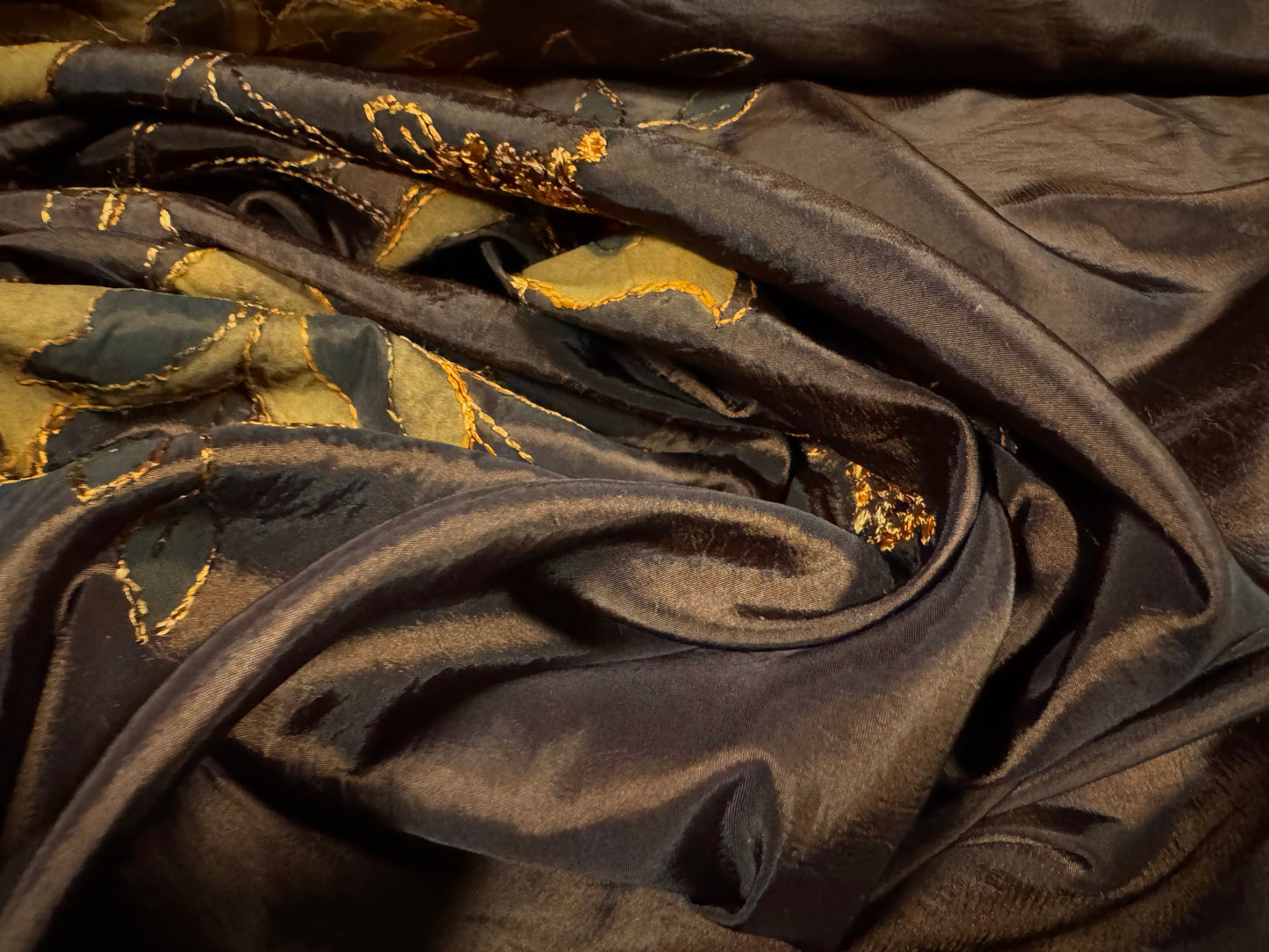 Taffeta faux silk fabric - floral embroidered border - dark brown & orange