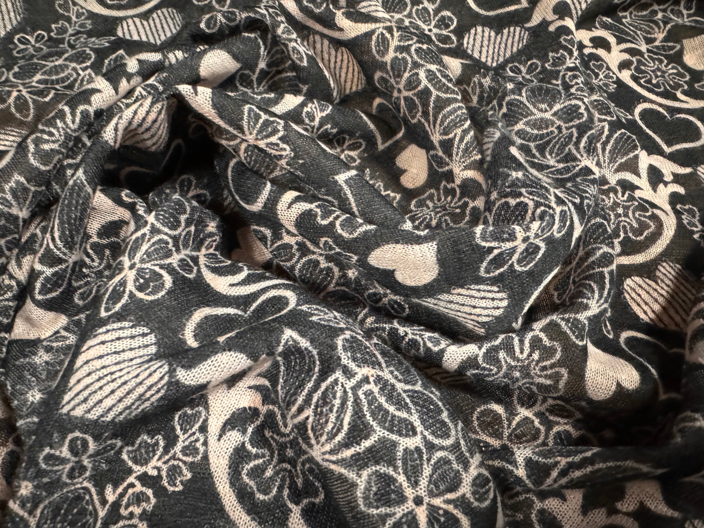 Thick & thin single jersey fashion fabric, per metre - love hearts and flowers print - light pink & black