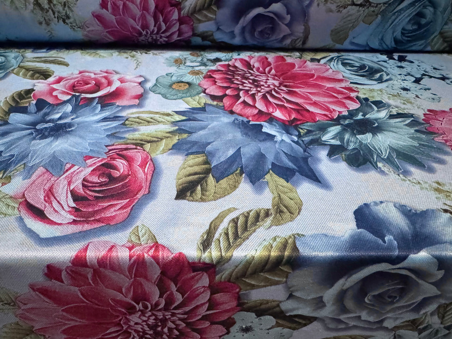 Single jersey fashion fabric, per metre - roses & carnations print - blue