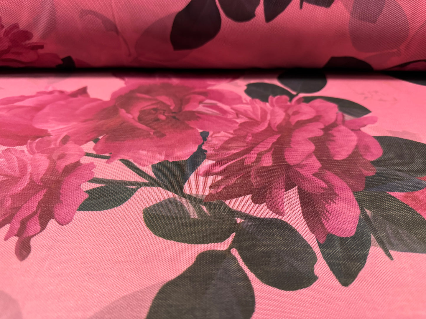 Power mesh net stretch spandex fabric, per metre - peony flower print - cerise & pink