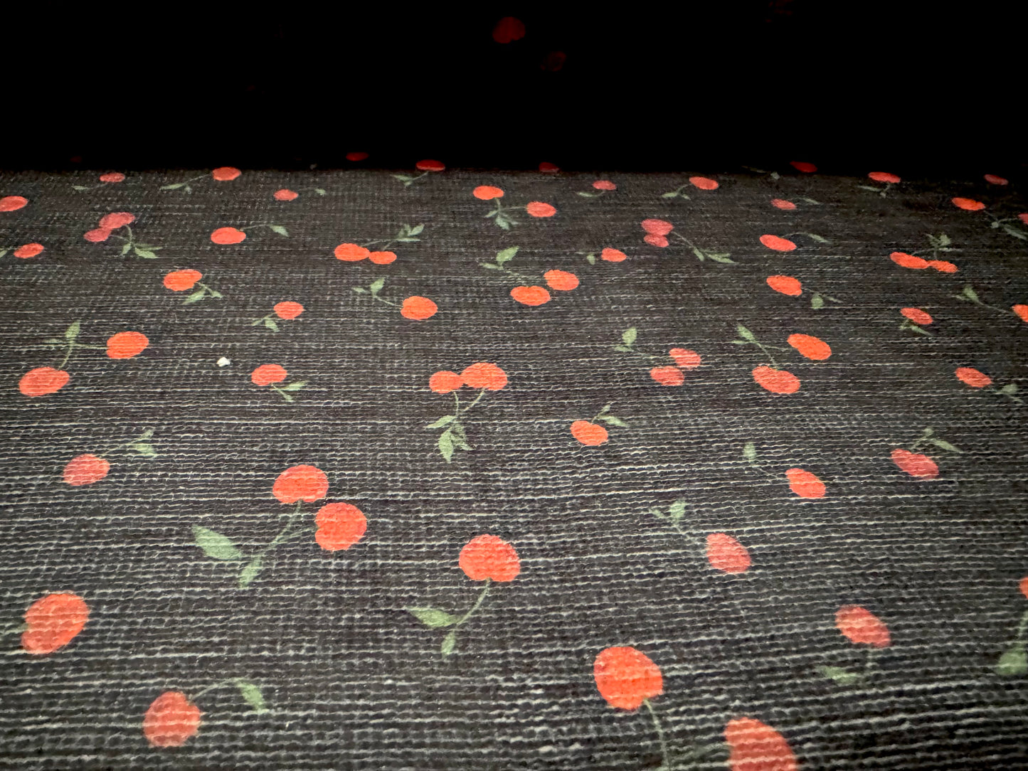 Chenille soft furnishing upholstery fabric, per metre - cherry print - black & red