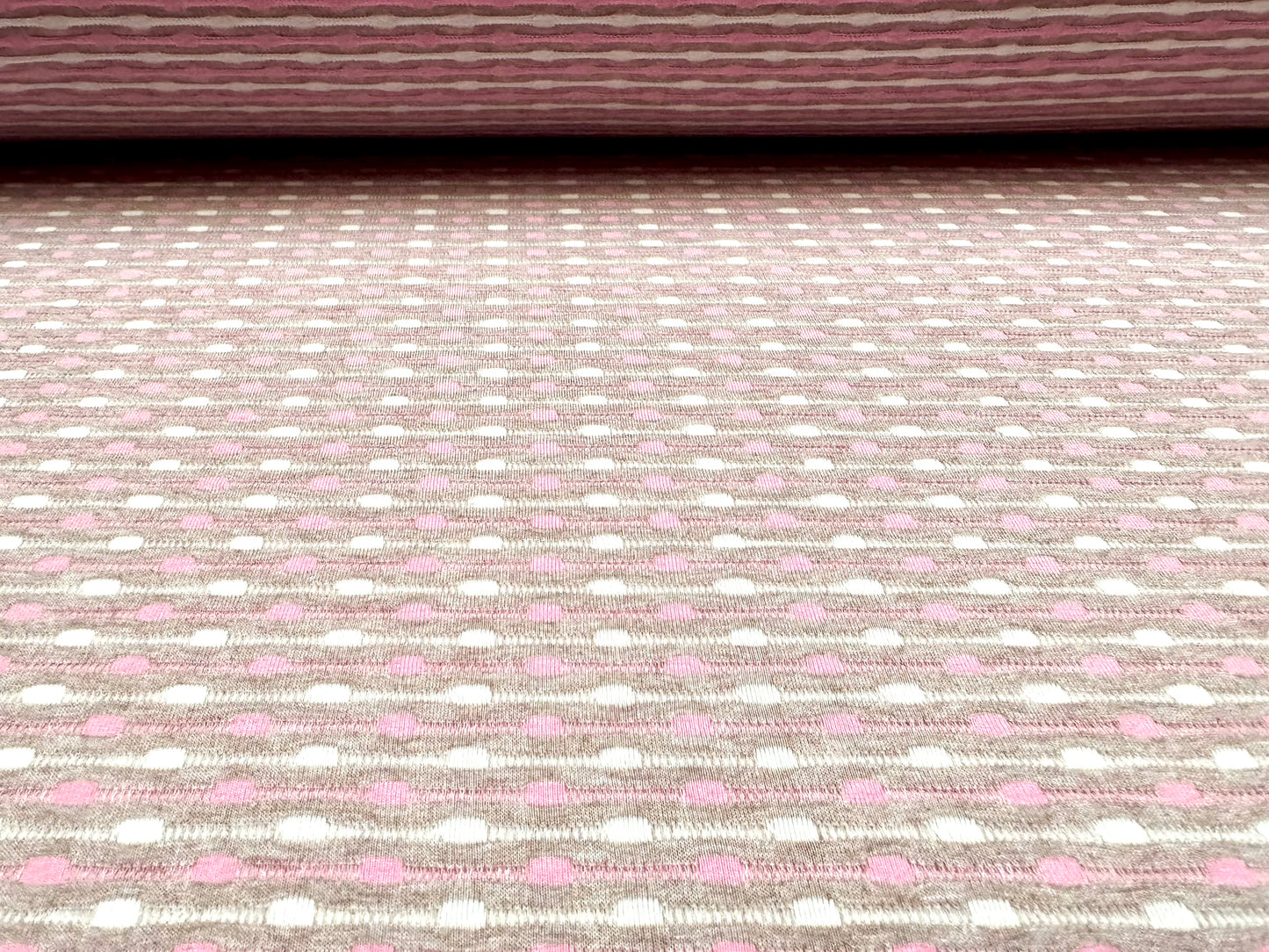 Stretch jersey fashion fabric, per metre - dobby stripe jacquard - pink & grey