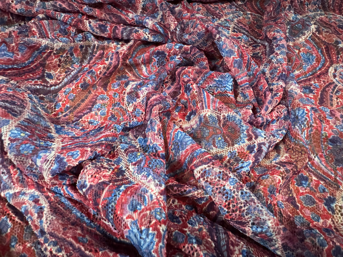 Stretch spandex lace fabric, per metre - paisley print - red & blue
