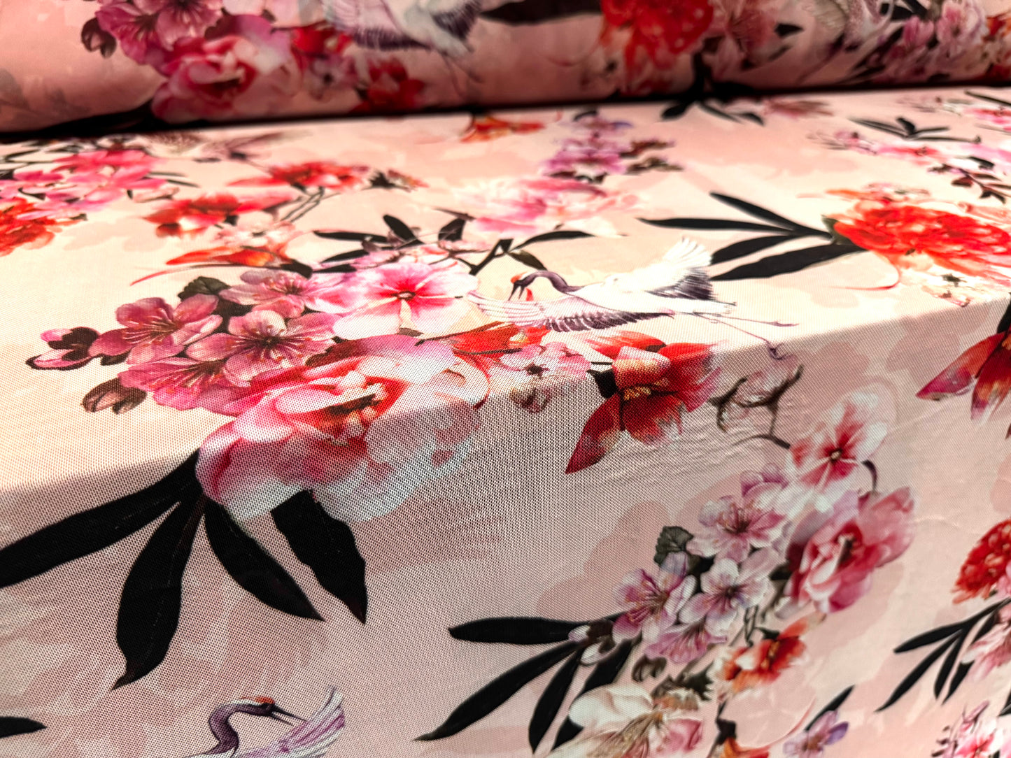 Power mesh net stretch spandex fabric, per metre - birds & blossom print - pink