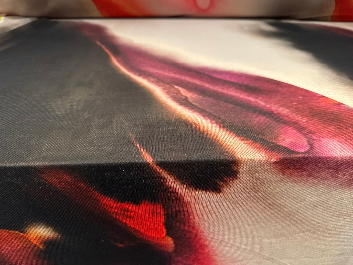 Power mesh net stretch spandex fabric, per metre - abstract print - cream black & orange