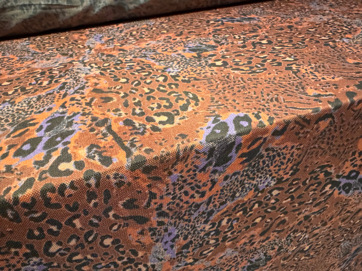 Power mesh net stretch spandex fabric, per metre - stylised leopard print - terracotta & lilac