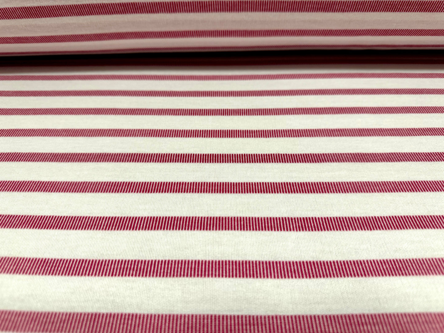 Soft interlock jersey fabric, per metre - stripe - raspberry & white