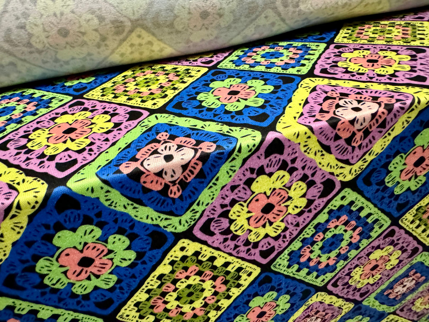 Stretch knitwear jersey fashion fabric, per metre - quatrefoil flower print- multicolour