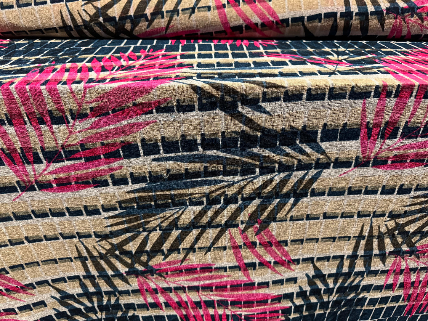 Stretch crepe knitwear jersey fabric, per metre - leaf print - navy cerise & beige