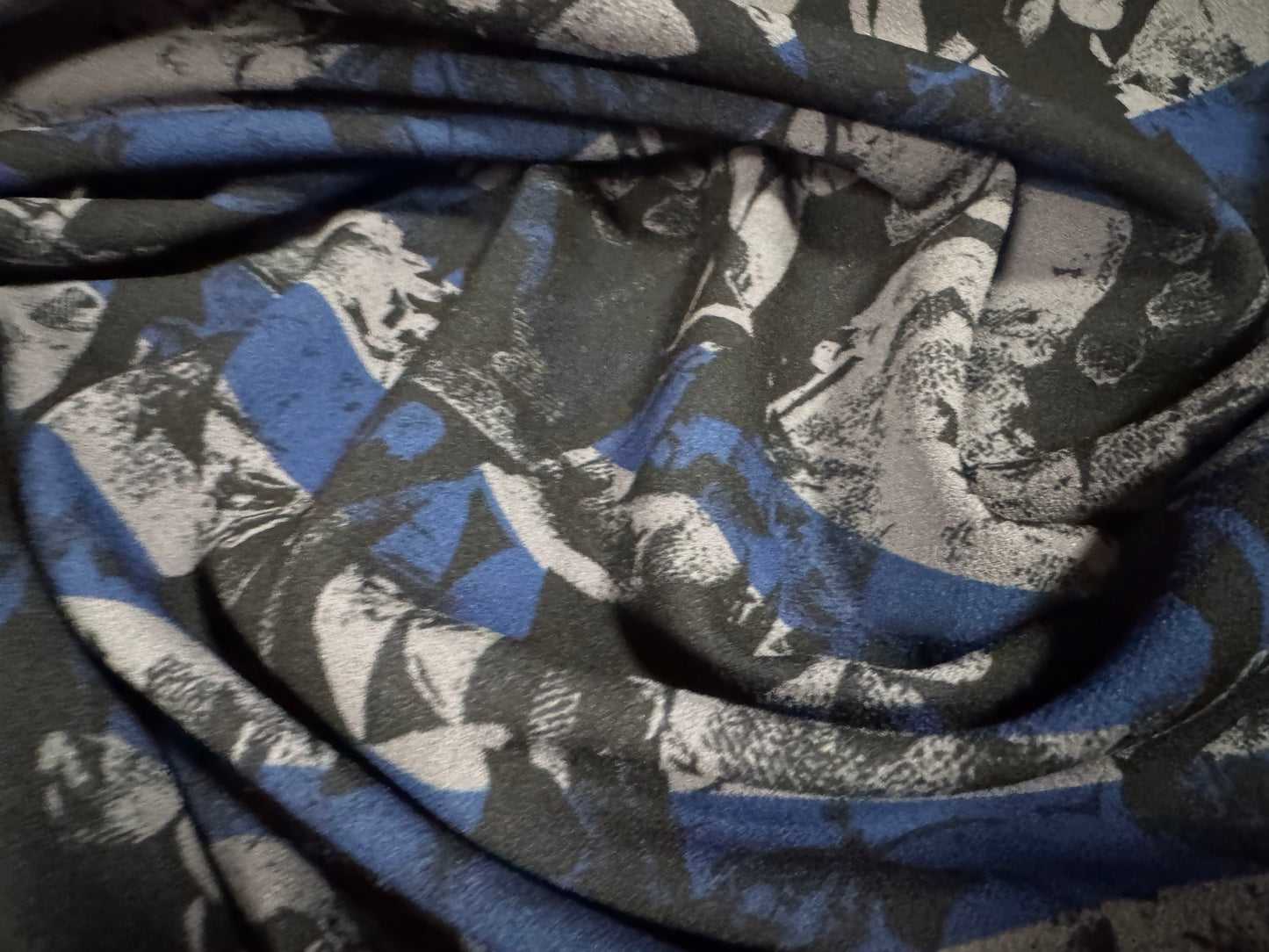Scuba crepe stretch spandex double jersey fabric, per metre - stripes on abstract print - blue & grey