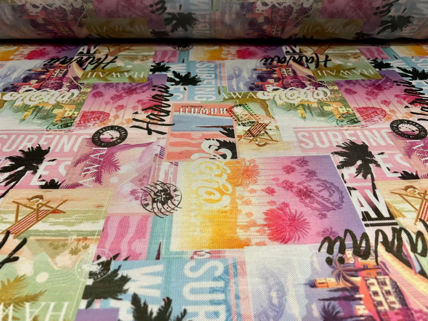 Power mesh net sheer stretch spandex fabric, per metre - Hawaiian beach montage - multicolour