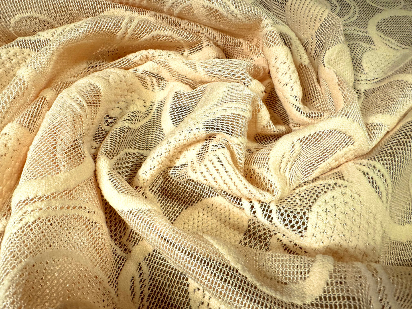 Heavyweight flocked mesh fabric, per metre - rings & circles - cream