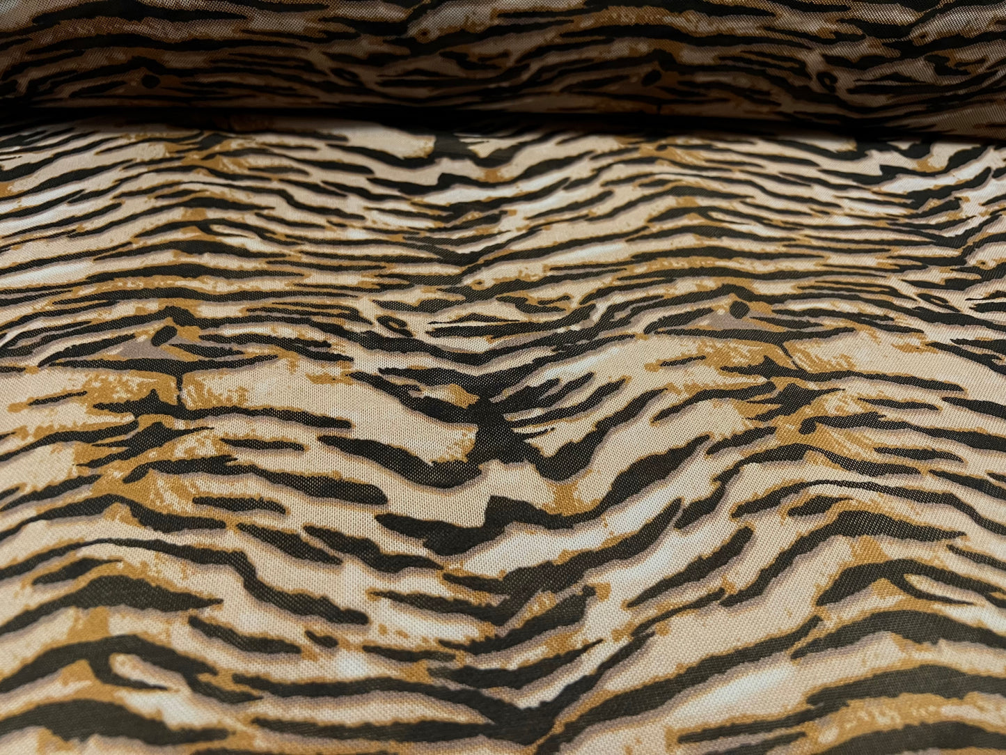 Power mesh net sheer stretch spandex fabric, per metre - tiger print - brown & stone