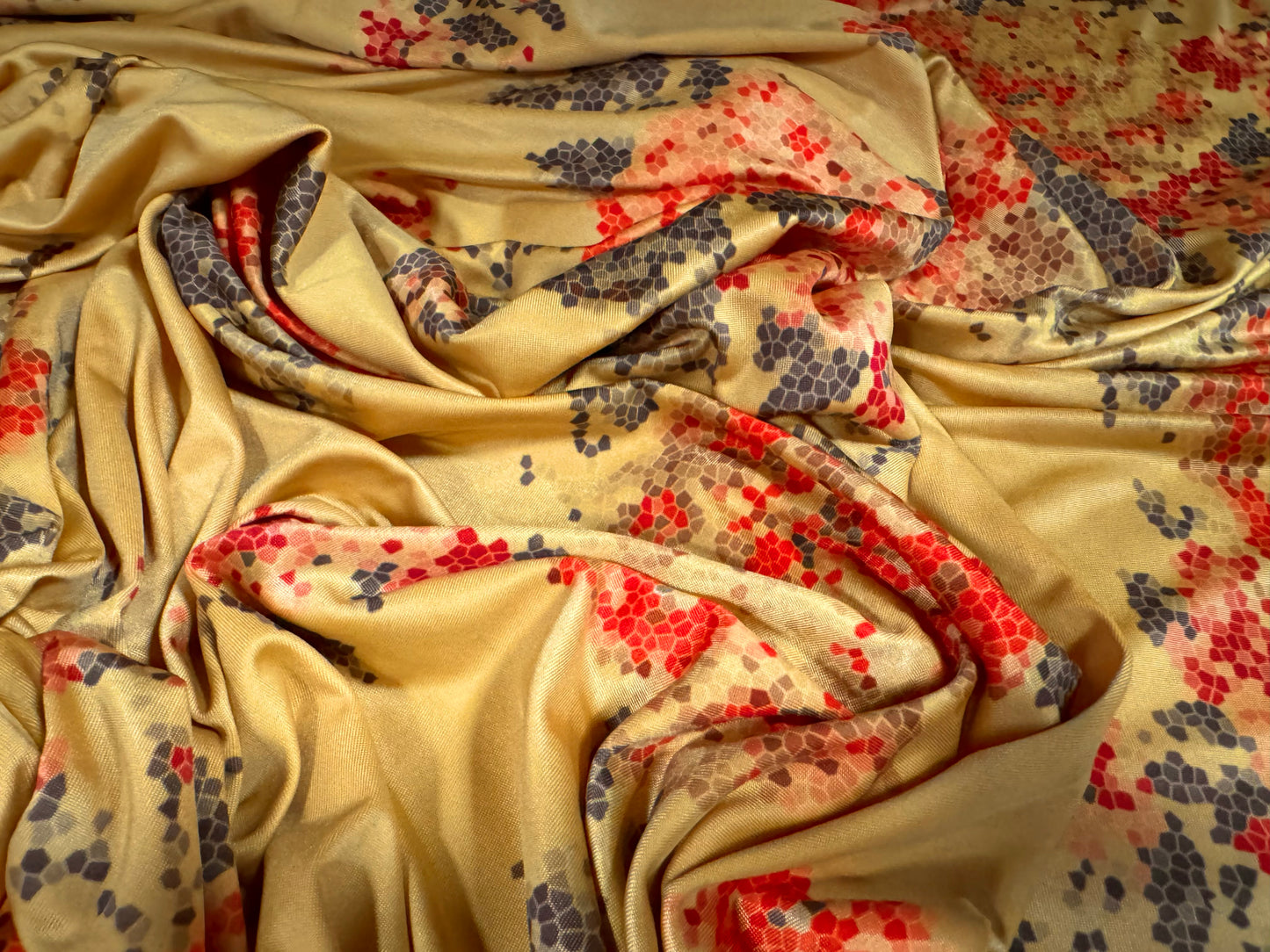 ITY stretch spandex single jersey fashion fabric, per metre - pixellated rose print - mustard & red