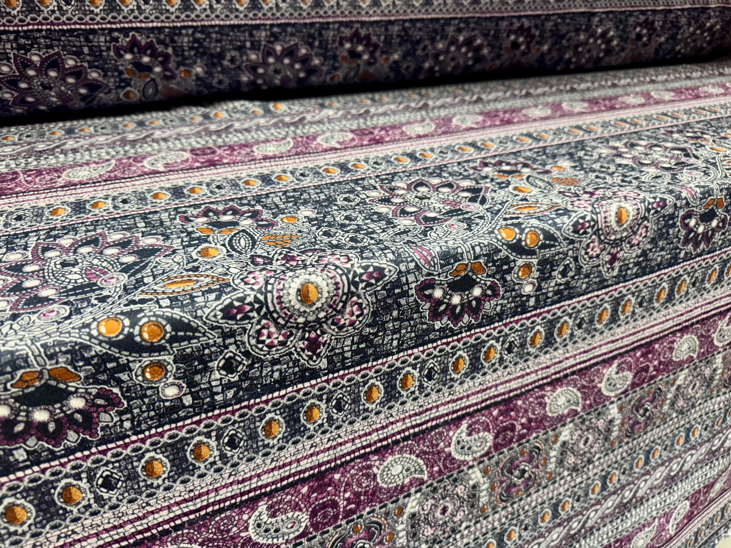 Scuba crepe stretch spandex double jersey fabric, per metre - paisley stripe print - navy & magenta