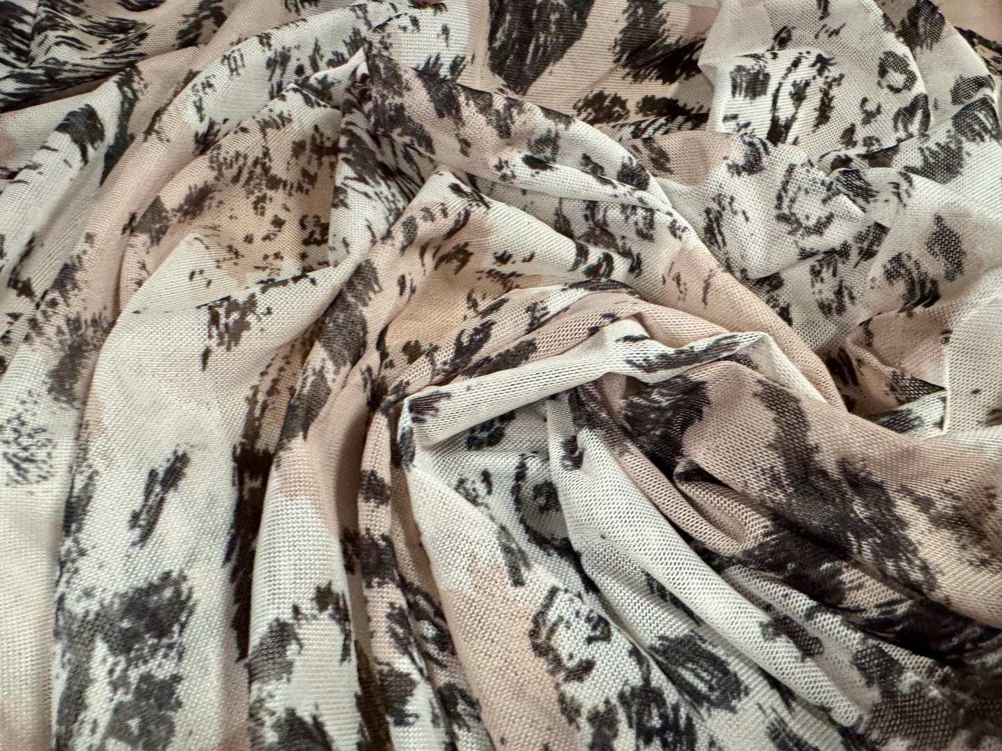Power mesh net stretch spandex fabric, per metre - stylised leopard print - nude & cream