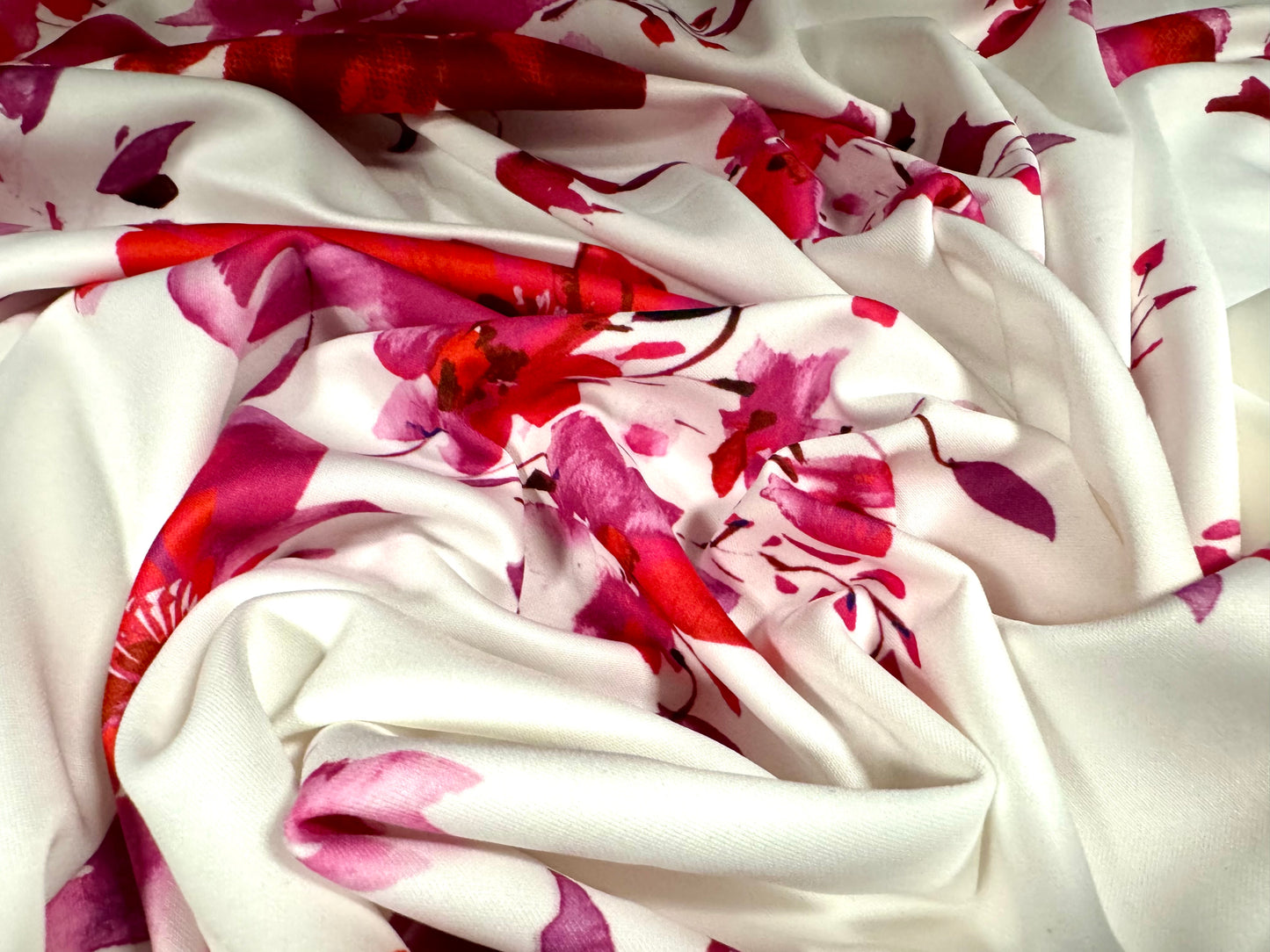 Scuba stretch spandex double jersey dress fabric, per metre - orchid flower print - pink red & white