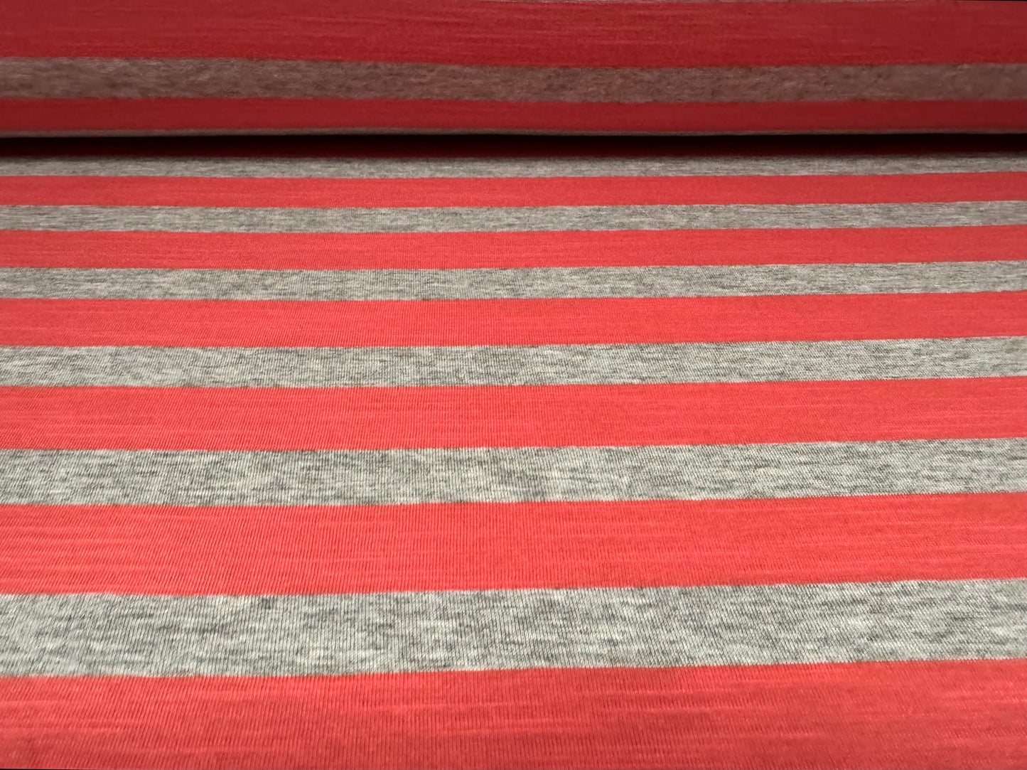Stretch viscose blend single jersey fabric, per metre - stripe - coral & grey marl