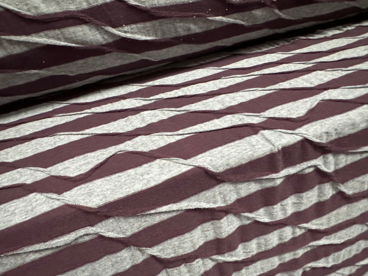 Soft handle stretch jersey fabric, per metre - New Age jacquard stripe - aubergine & grey marl