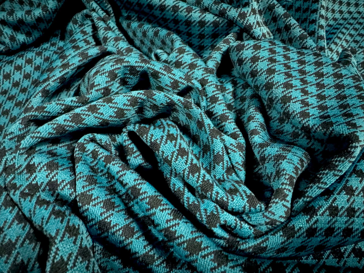 Stretch double jersey fashion fabric, per metre - dogtooth check jacquard - teal