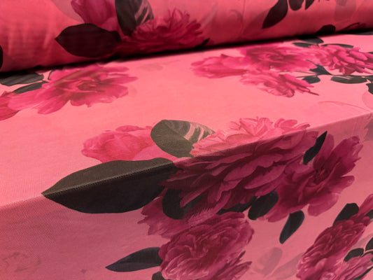 Power mesh net stretch spandex fabric, per metre - peony flower print - cerise & pink