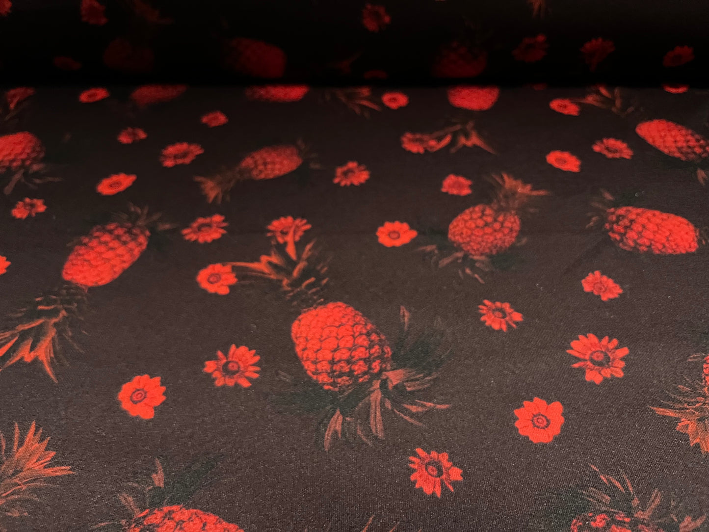 Sandwich Scuba Neoprene double jersey fabric, per metre - pineapple print - dark aubergine & red