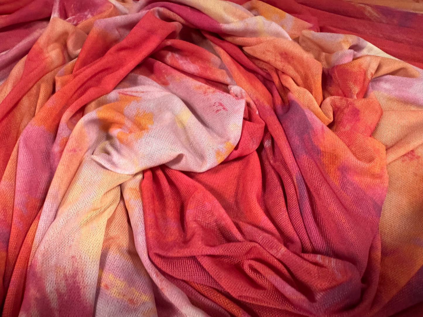 Power mesh net stretch spandex fabric, per metre - abstract print - pink & orange