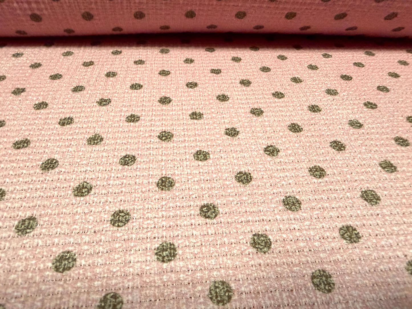 Popcorn weave fashion fabric, per metre - polka dot print - baby pink & grey