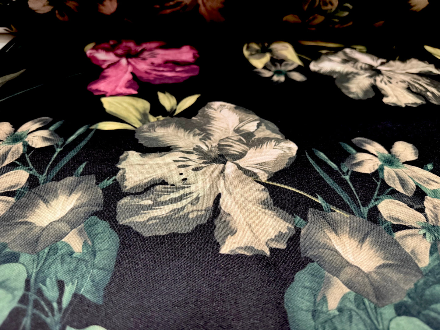 Piqué double jersey fabric, per metre - lily flower print - black fuchsia & beige