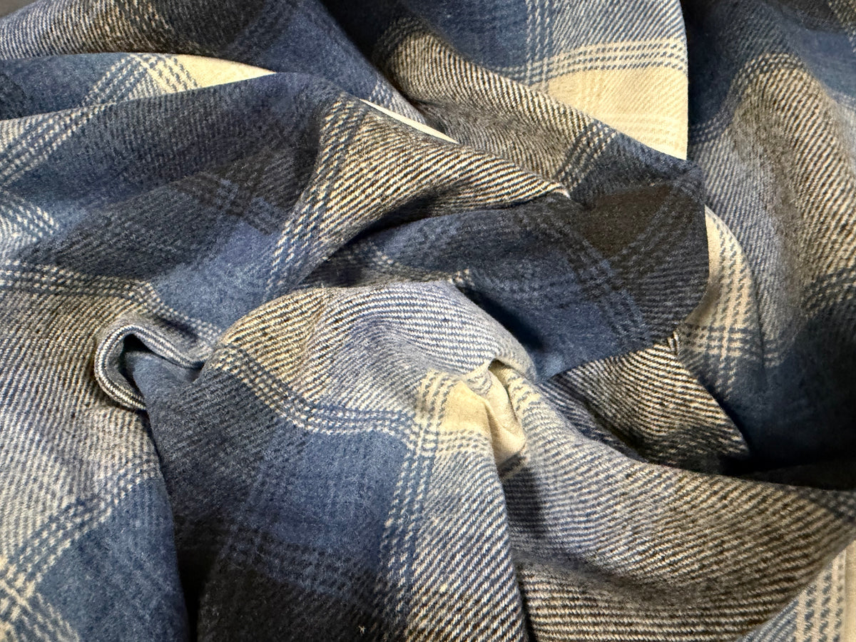 Wool flannel fabric, per metre - checkered - blues