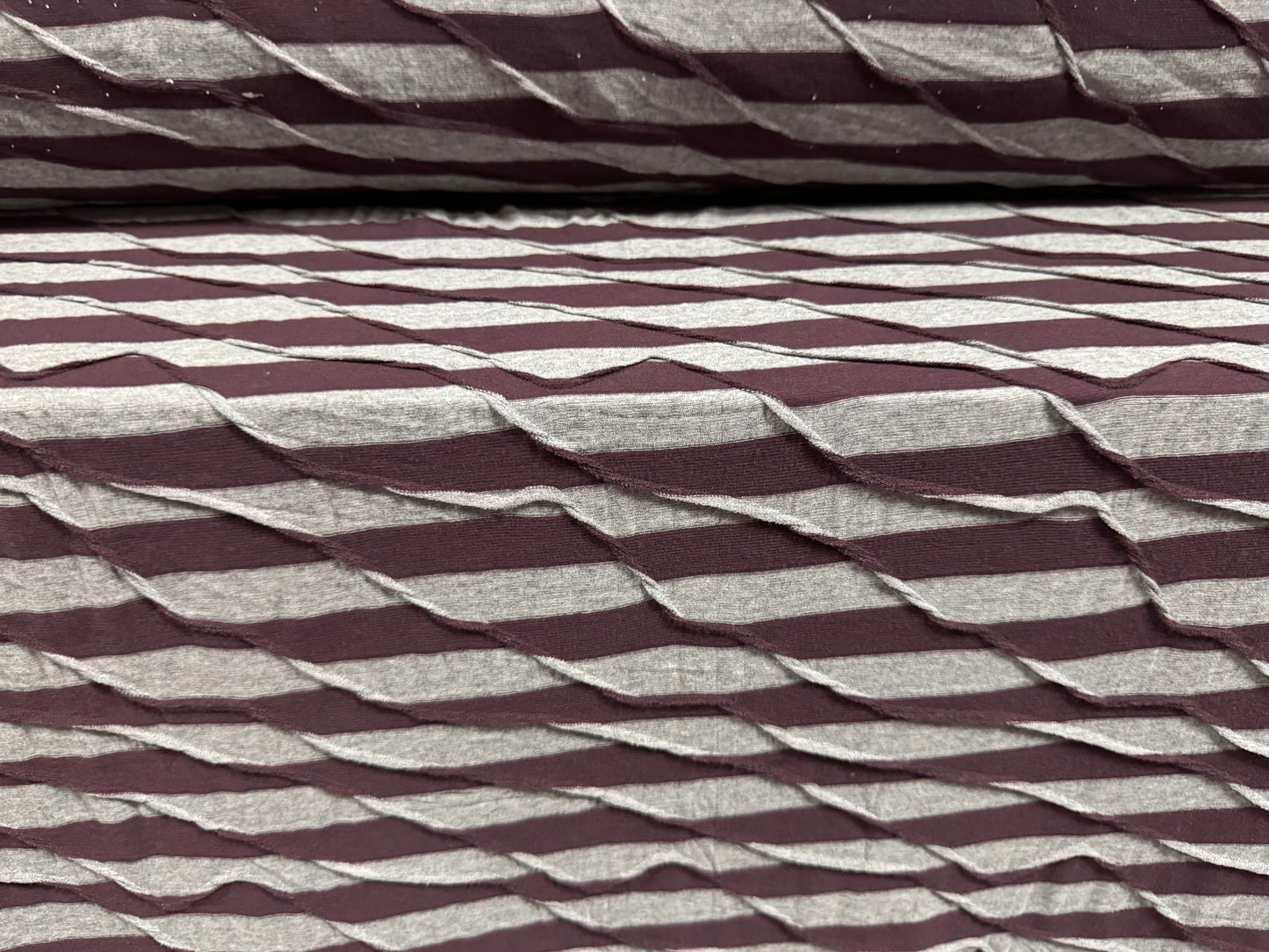Soft handle stretch jersey fabric, per metre - New Age jacquard stripe - aubergine & grey marl