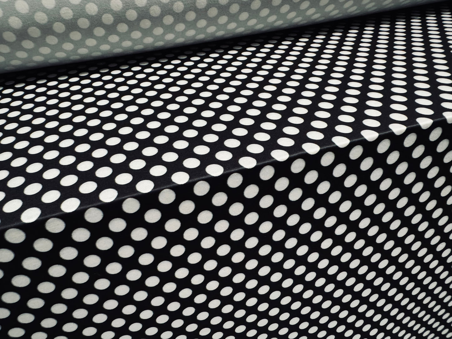 Soft touch stretch spandex single jersey fabric, per metre - spotty print - black & white