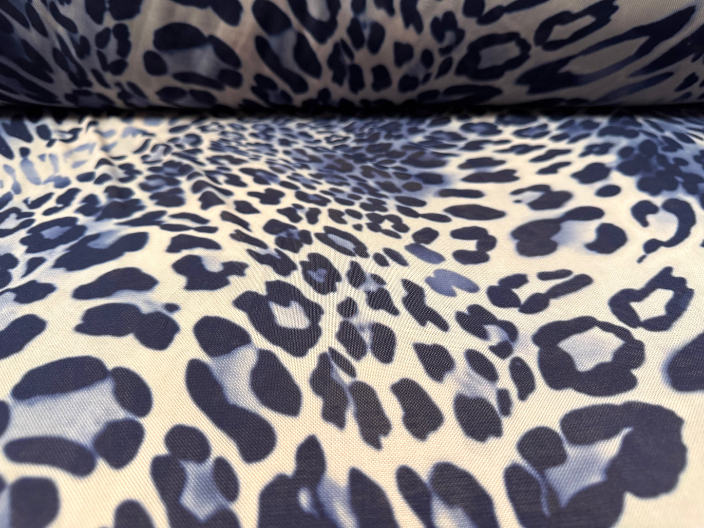 Power mesh net stretch spandex fabric, per metre - leopard print - blue & cream