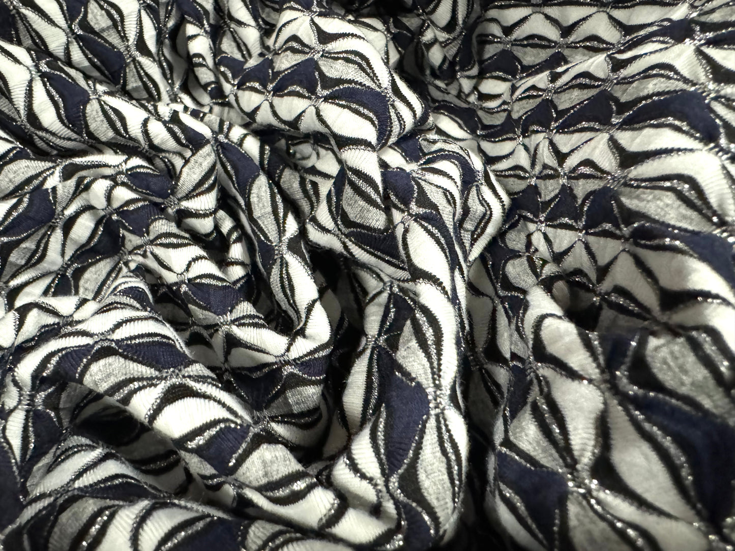 Metallic stretch double jersey fashion fabric, per metre - jacquard - navy & grey with silver lurex