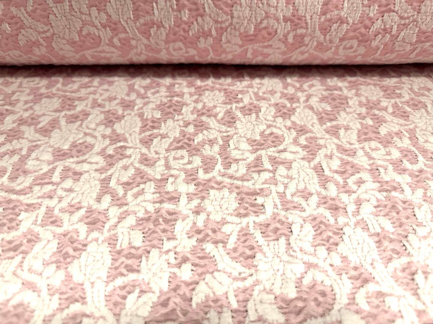 Stretch spandex double jersey fabric, per metre - floral blister jacquard - pink & white