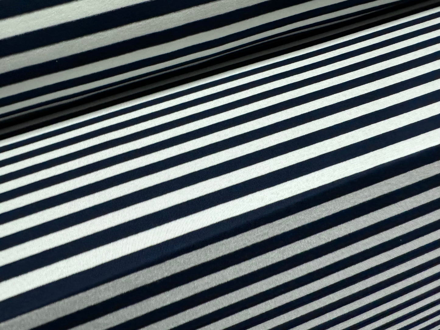 Viscose spandex stretch single jersey fabric, per metre - stripe - navy blue & ivory