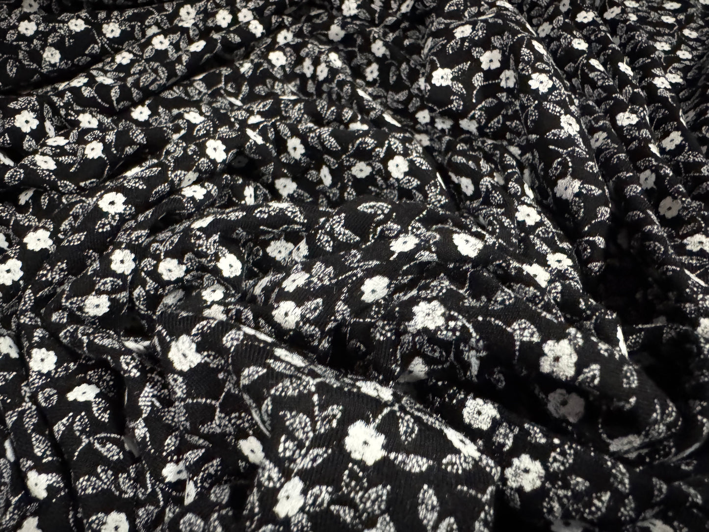 Viscose spandex stretch single jersey fabric, per metre - small ditsy flower print - black & white