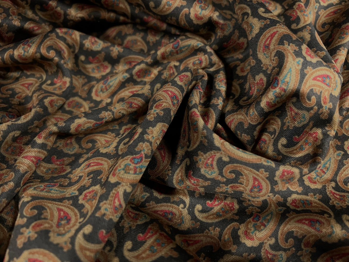 Stretch spandex single jersey fabric, per metre - paisley print - black & mustard