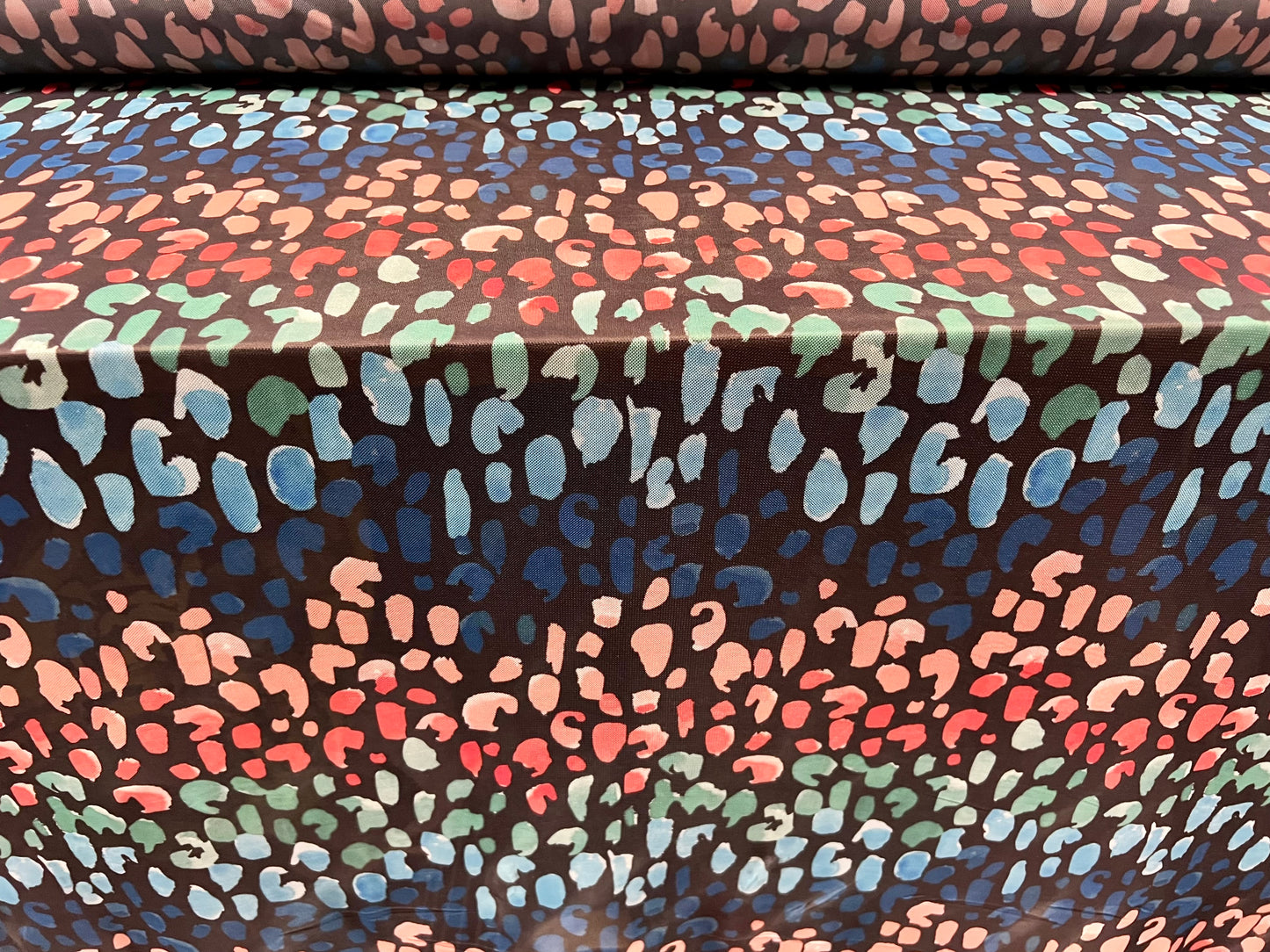 Power mesh net sheer stretch spandex fabric, per metre - abstract smudge print - black pink turquoise blue