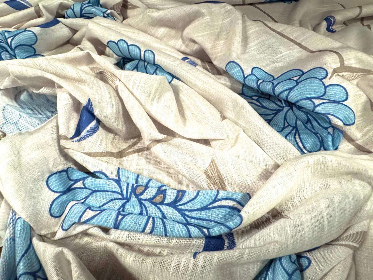 Soft handle slub single jersey fabric, per metre - flower print - cream & sky blue
