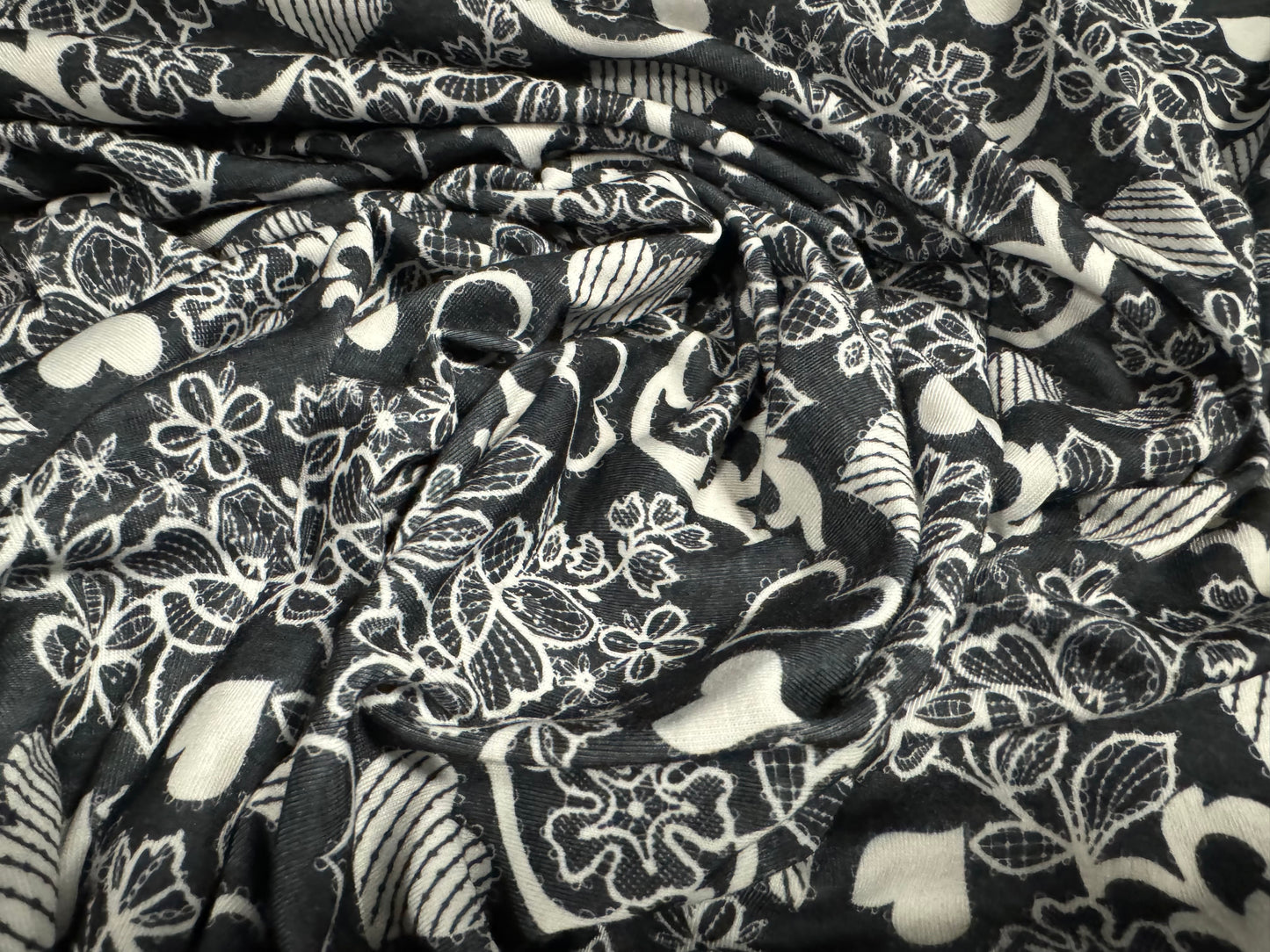 Soft handle stretch single jersey fashion fabric, per metre - love hearts & flowers print - monochrome