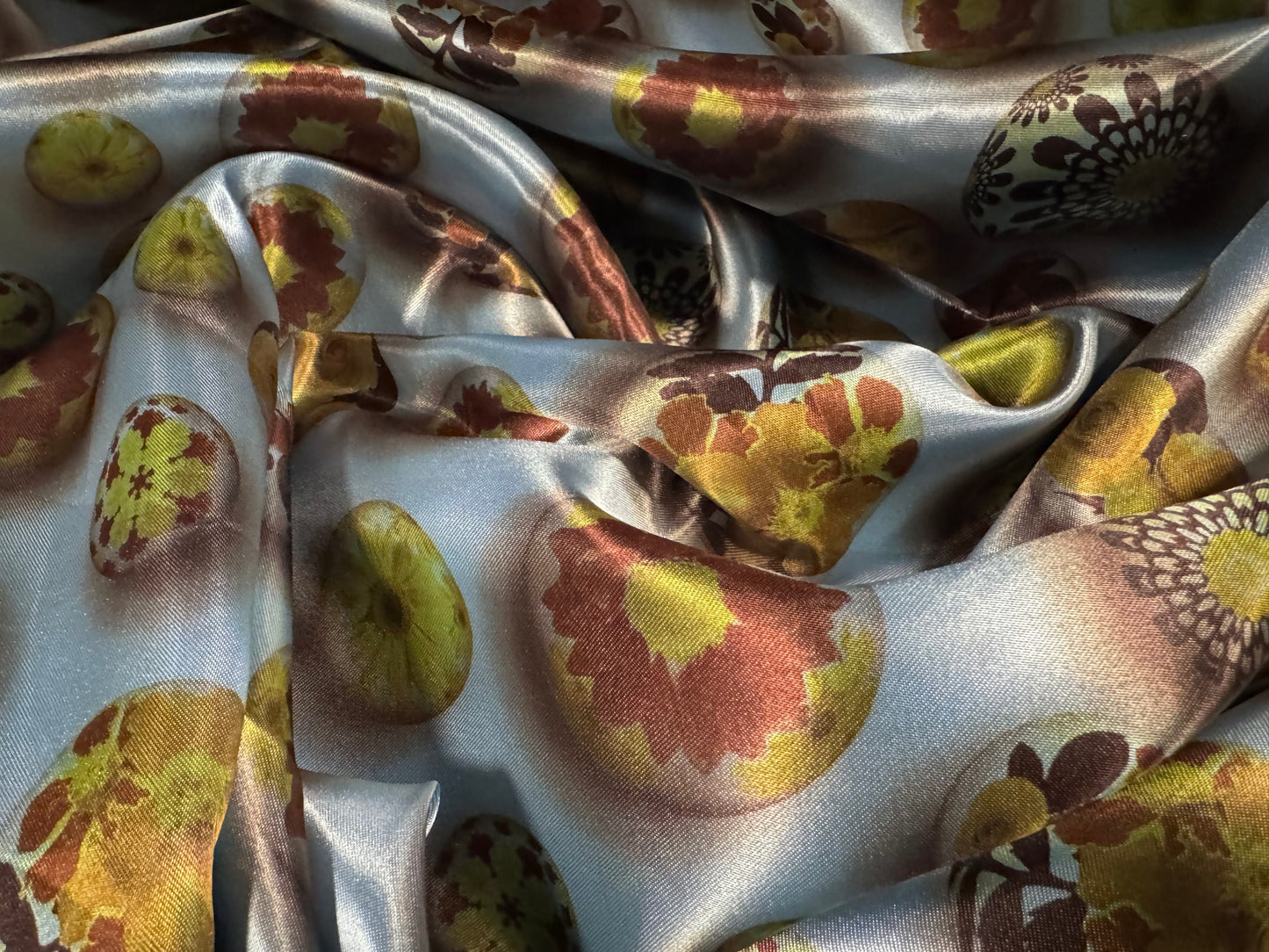 Silky satin woven dress fabric, per metre - painted pebbles print - blue