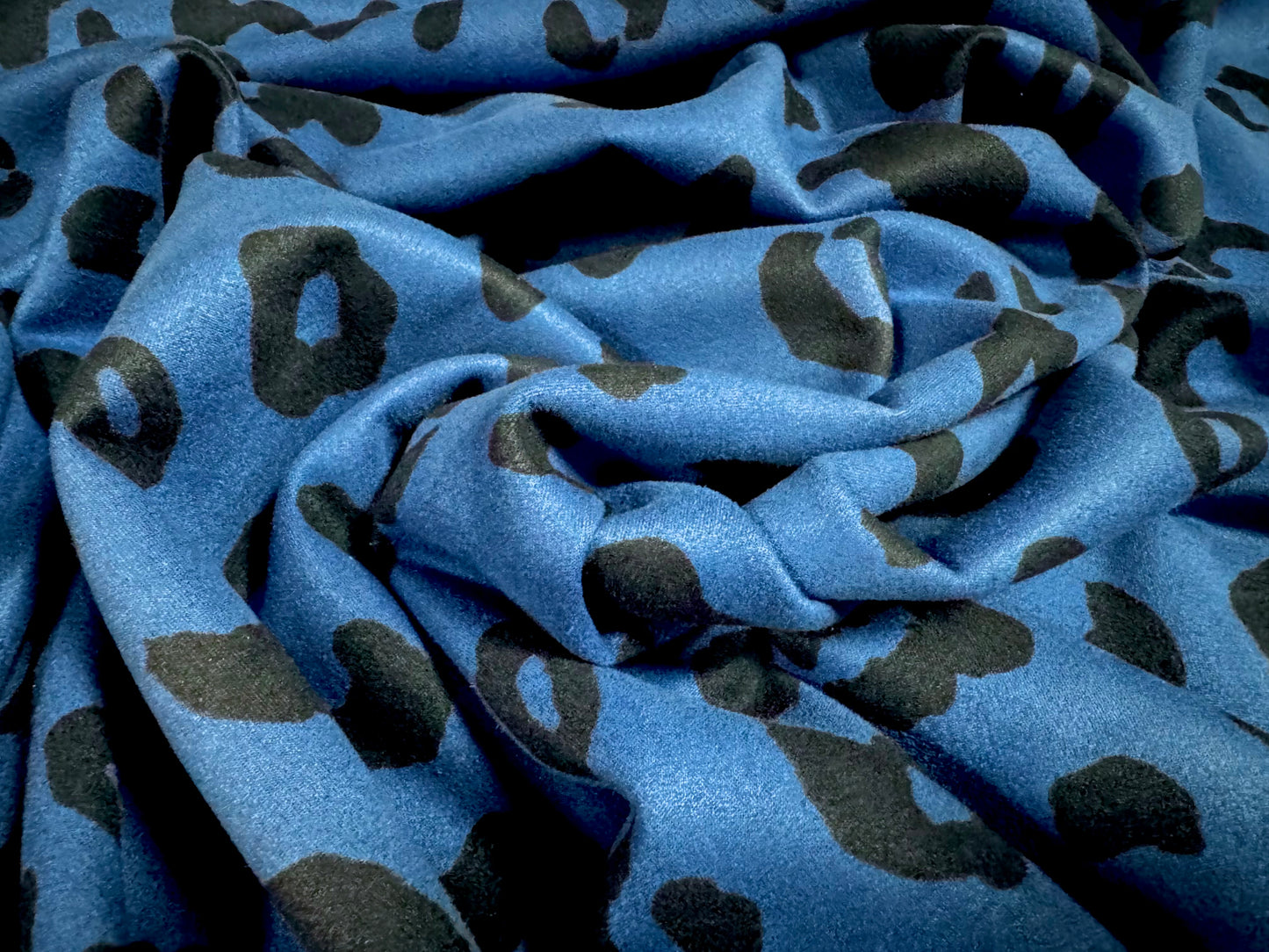 Scuba suede stretch spandex double jersey fabric, per metre - cheetah animal print - cobalt blue