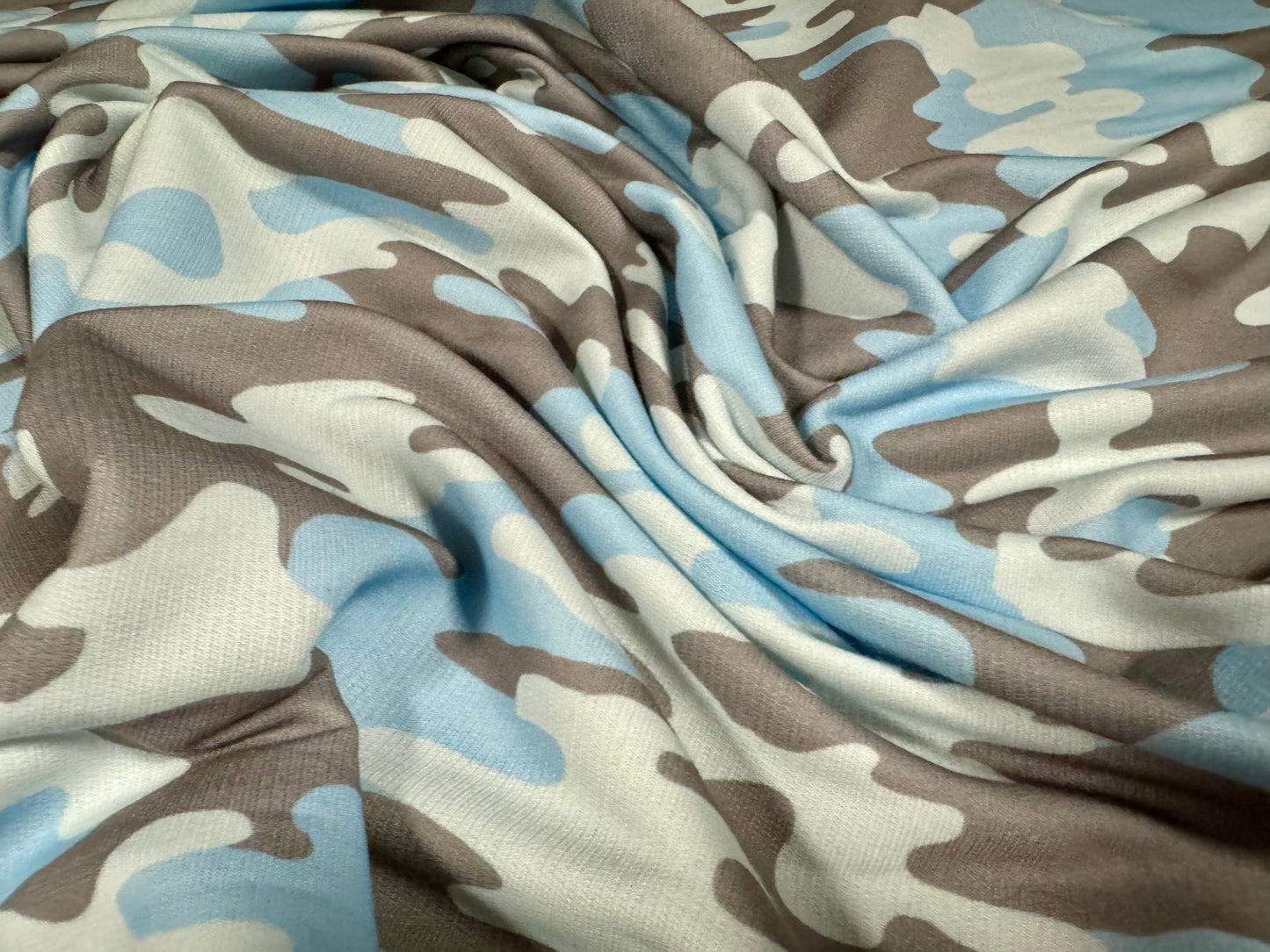 French Terry loopback sweatshirt jersey fabric, per metre - camouflage print - sky blue & grey