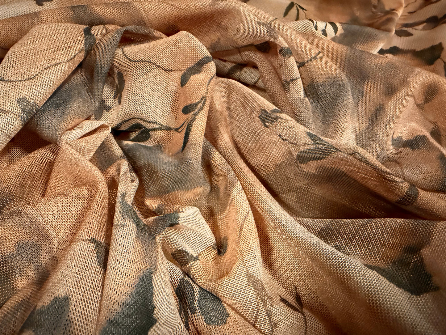 Power mesh net stretch spandex fabric, per metre - ink wash floral print - dusky peach