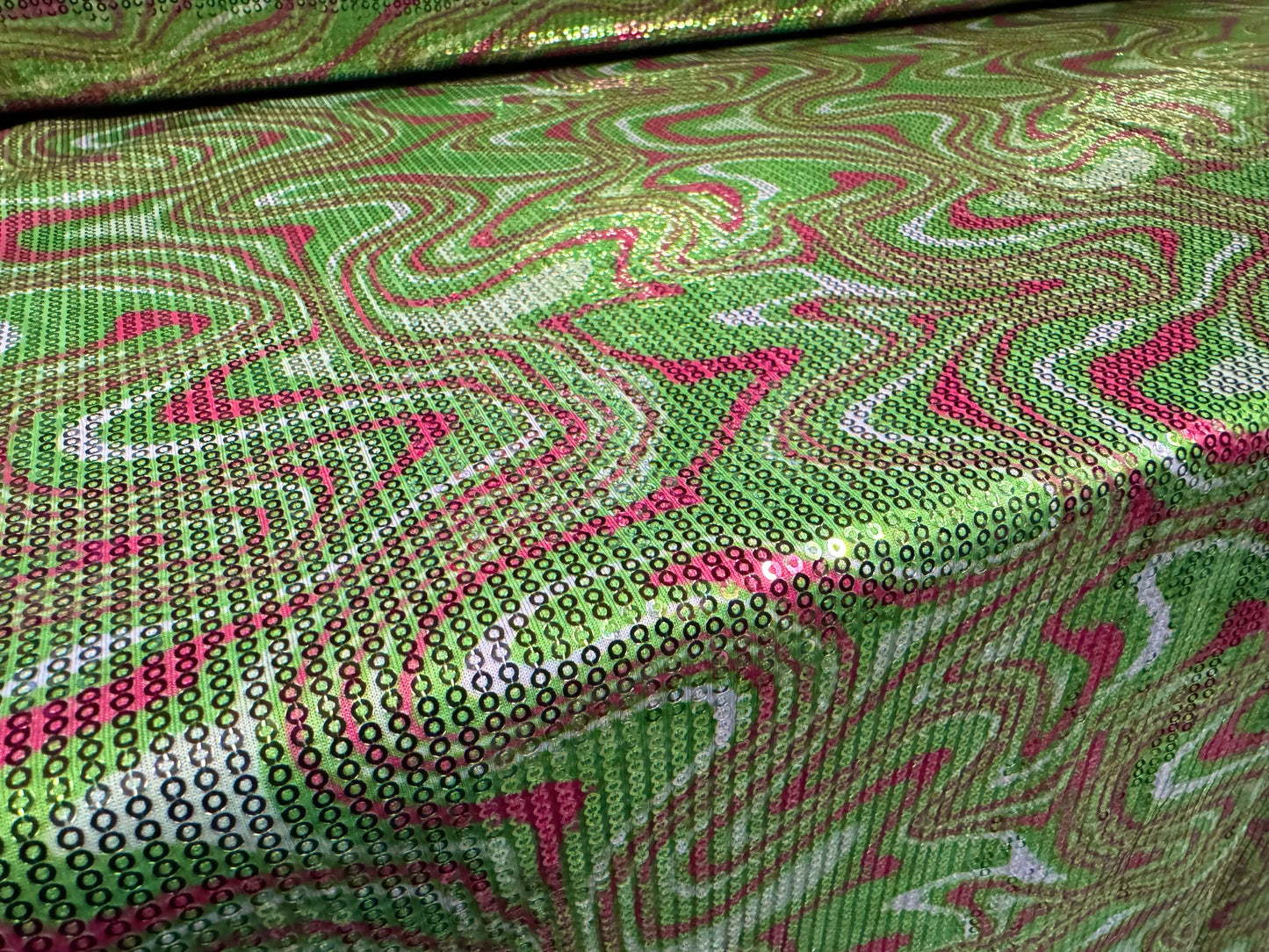 Couture dress fabric with sequins, per metre - swirl design - green & pink