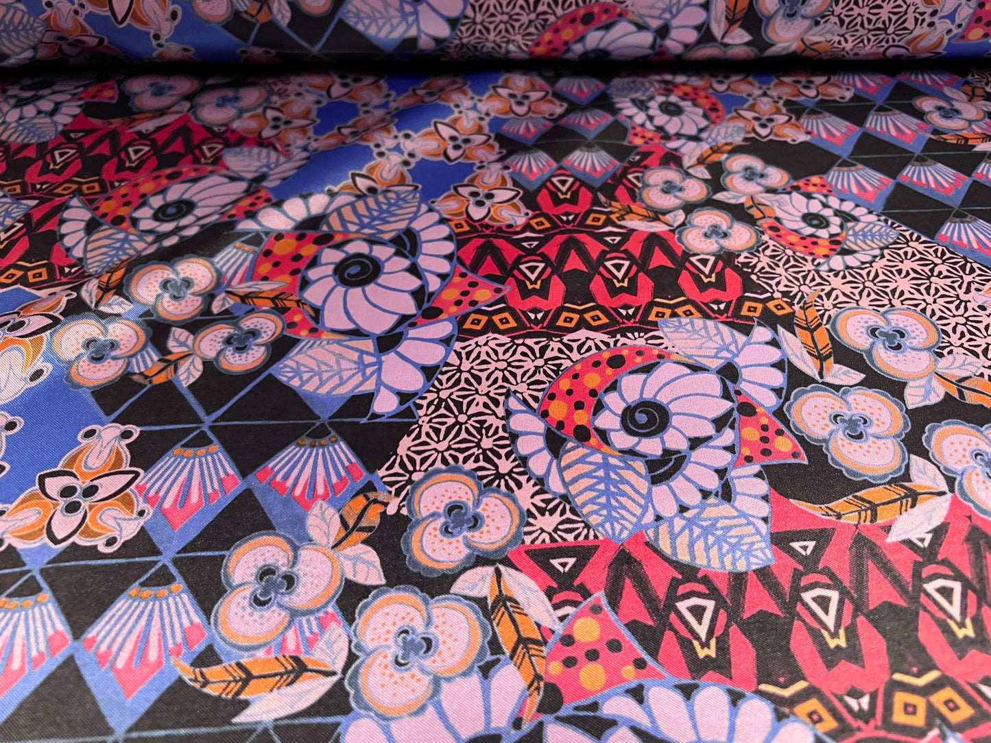 Silky Satin woven dress fabric, per metre - stylised flowers print - lilac & blue